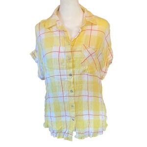 Jane + Delancey Womens Plaid Button Up Shirt M Yellow Seersucker‎ Summer Picnic